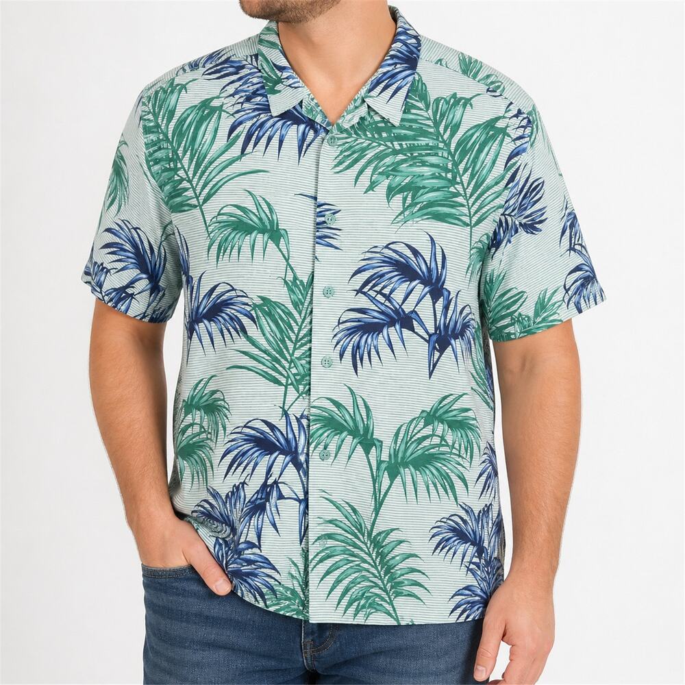 Cubavera Shirt Mens Large Green Blue Palm Leaf Hawaiian Button Up Casual Summer